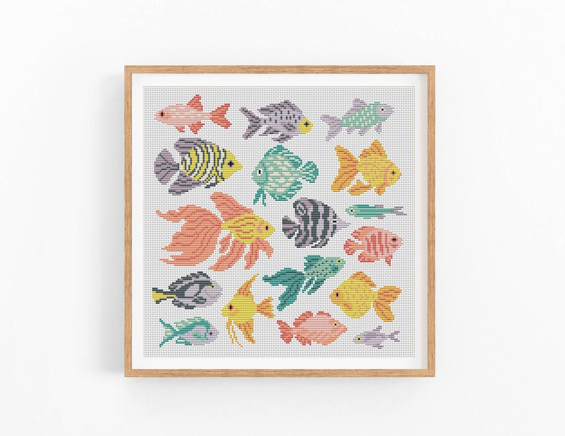 クロスステッチパターン、魚、海、オーシャン、かわいい魚、クロス