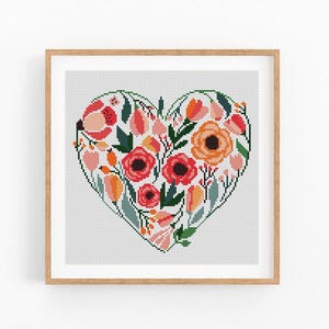 Modern kruissteekpatroon Flower Heart Love, Valentijnsdag borduurontwerp, kruissteekkaart, beginnerssteek, pdf direct te downloaden.