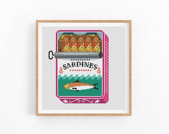 Sardines Can Cross Stitch Pattern, Sardine Food Art, Fish Can Cross Stitch Pattern, Modern Cross Stitch Design, Instant Download PDF