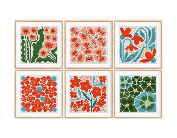 Set of 6 Modern Flowers Cross Stitch Patterns, Abstract Nature