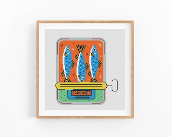Sardines Can Cross Stitch Pattern, Sardine Food Art, Fish Can Cross Stitch Pattern, Modern Cross Stitch Design, Instant Download PDF