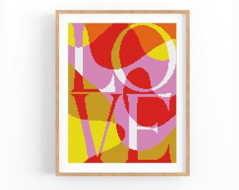 Puede incluir: Un patrón de punto de cruz con la palabra "LOVE" en un diseño geométrico con colores rosa, rojo, amarillo y naranja.