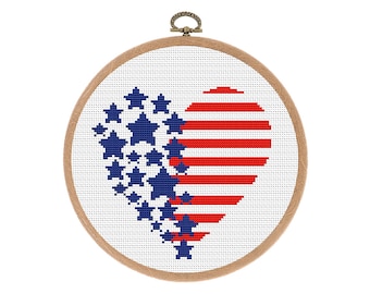 Patriotic Heart Cross Stitch Pattern. Counted cross stitch chart USA flag. Independence Day Hoop Art. 4th July xstitch. Instant download PDF