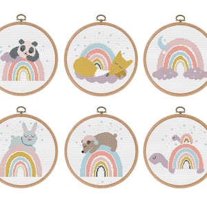 Cross stitch patterns, set of 6, Rainbow, Animals, Modern x-stitch design, Counted x-stitch, Boho Nursery,Funny xstitch Instant download PDF