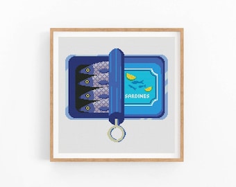 Sardines Can Cross Stitch Pattern, Sardine Food Art, Fish Can Cross Stitch Pattern, Modern Cross Stitch Design, Instant Download PDF