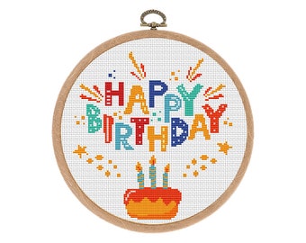 Cross Stitch pattern Happy Birthday. Modern Hoop art. PDF embroidery design. Funny cross stitch pattern. Instant download.