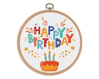 Cross Stitch pattern Happy Birthday. Modern Hoop art. PDF embroidery design. Funny cross stitch pattern. Instant download.