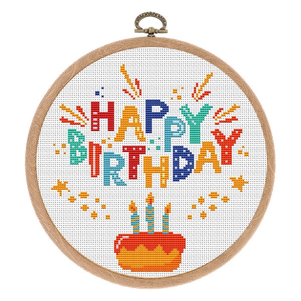 Cross Stitch pattern Happy Birthday. Modern Hoop art. PDF embroidery design. Funny cross stitch pattern. Instant download.