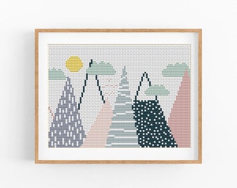 Cross stitch pattern, Modern Cute Landscape, Boho, Mountain,Small Counted cross stitch, Nursery decor, Counted xstitch, Instant download PDF