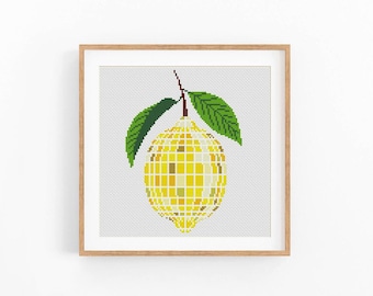 Retro Disco Ball Lemon Cross Stitch Pattern PDF, Trendy Embroidery Design (Digital Download)