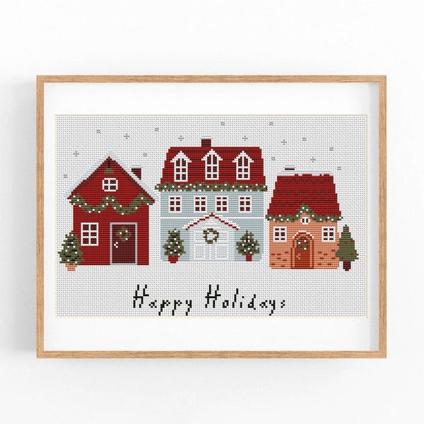 Christmas Cross Stitch Pattern, Happy Holidays Modern x-stitch Pattern, Winter Town, City, Cross Stitch Chart, Gift, Instant Download PDF