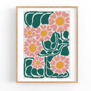 Patrón de punto de cruz abstracto floral moderno, flores modernas, patrón de punto de cruz fácil, gráfico de punto de cruz, patrón de naturaleza, descarga instantánea en PDF