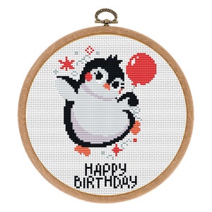 Modèle de point de croix Joyeux anniversaire. Pingouin mignon, art moderne du cerceau. Conception de broderie PDF. Modèle de point de croix amusant. Téléchargement instantané.
