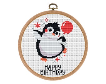Cross Stitch pattern Happy Birthday. Cute penguin, Modern Hoop art. PDF embroidery design. Funny cross stitch pattern. Instant download.