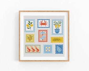 May include: A framed cross-stitch artwork featuring nine postage stamp designs. The stamps depict various coastal and Mediterranean themes, including lemons, crabs, shrimp, and beach scenes. The color palette includes blue, yellow, red, and white.