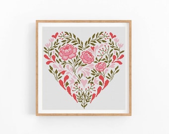 Modern cross stitch pattern Flower Heart Love, Valentines Day embroidery design, cross stitch chart, beginner xstitch, Instant download PDF.