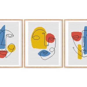 Set of 3 Modern Boho Cross stitch patterns, Abstract Portrait cross stitch, Minimalistic counted cross stitch chart. Instant download PDF