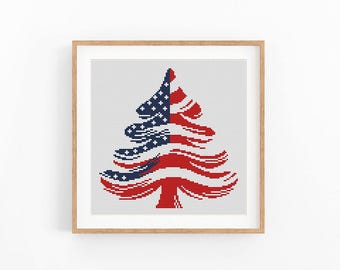 Patrón de punto de cruz de árbol de Navidad patriótico en PDF, decoración navideña con la bandera estadounidense, descarga instantánea, bordado del 4 de julio, regalo de Navidad de EE. UU.