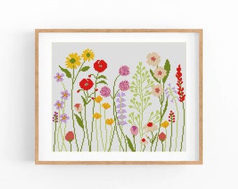 Patrón de punto de cruz: Flores modernas. Diseño de bordado de flores silvestres en PDF. Divertido patrón de punto de cruz. Decoración de pared XStitch. Descarga instantánea.