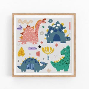 May include: Cross stitch pattern featuring four colourful dinosaurs with geometric patterns. The dinosaurs are surrounded by abstract shapes and plants.