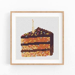 May include: Cross-stitch art of a slice of chocolate cake with colorful sprinkles and a single candle. The framed artwork is displayed against a white background. The cake has multiple layers and is decorated with brown frosting.