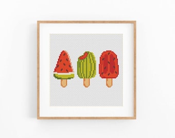 Ice Cream Cross Stitch Pattern, Modern Food Kitchen embroidery design. Watermelon xstitch chart. Instant download PDF