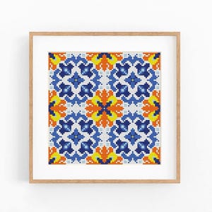 May include: A square cross-stitch embroidery pattern featuring a repeating geometric design in shades of blue, orange, and yellow on a white background, displayed within a light-colored wooden frame with a clean, simple border.