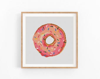 Kruissteekpatroon modern eten. Roze donut keuken pdf-borduurontwerp. Grappig kruissteekpatroon. Aardbeiendonut. Direct downloaden.