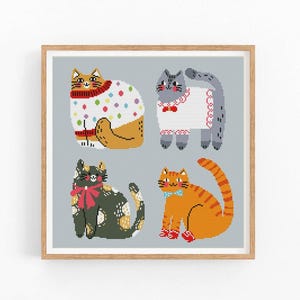 May include: A cross-stitch pattern featuring four cats wearing different outfits. The cats are in a grid pattern, with a grey cat wearing a white shirt, a brown cat wearing a colourful sweater, a black cat wearing a red bow, and an orange cat wearing a blue bow tie.