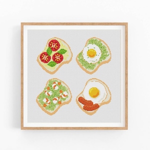 Toast-kruissteekpatroon, ontbijt-kruissteektabel, keukenposter kruissteek pdf, ModernXStitch-ei, avocado, zalm, instant download.
