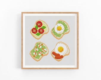 Toast Cross Stitch Pattern, Breakfast Cross Stitch Chart,Kitchen Poster Cross Stitch PDF, ModernXStitch Egg,Avocado,Salmon Instant download.