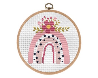 Padrão de ponto cruz arco-íris, moderno, arco-íris boho, flor, ponto cruz contado, decoração de berçário, ponto x contado, download instantâneo em PDF
