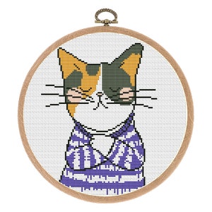 Cross Stitch Pattern. Cat purple sweater. Animal cross stitch PDF. Cat Hand Embroidery. Cat lover gift. Modern counted cross stitch chart.