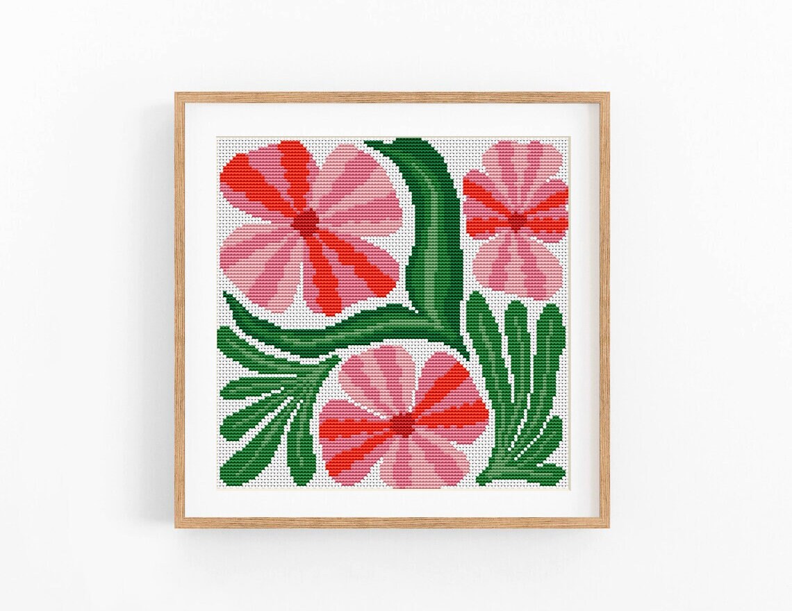 Set of 4 Abstract Floral Cross Stitch Patterns, Modern Pink Green ...