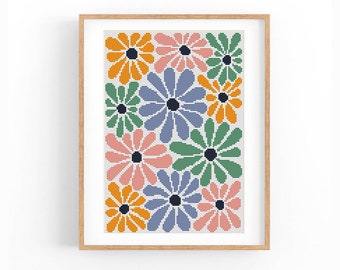Padrão de ponto cruz: flores modernas. Design de bordado em PDF para berçário floral. Padrão de ponto cruz divertido. Boho, abstrato. Download instantâneo.