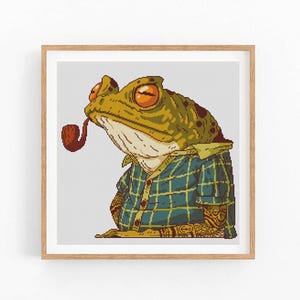 Pode incluir: Um sapo verde vestindo uma camisa xadrez e segurando um cachimbo. O sapo tem uma expressão séria no rosto.