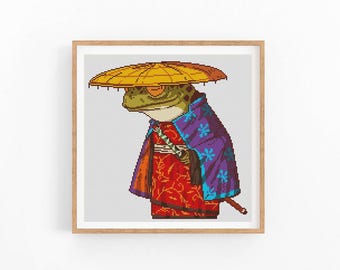 Samurai Frog Cross stitch pattern, Modern Animal Design,Counted cross stitch, Abstract Art decor, Easy counted xstitch, Instant download PDF