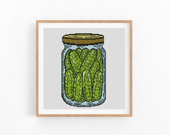 Pickle Jar Cross Stitch Pattern, Dill Pickle Embroidery, Food Art, Cucumber Xstitch Pattern, Modern Cross Stitch Design,Instant Download PDF