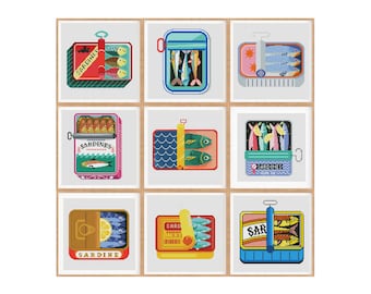 9 Sardines Bundle, Modern Art Sardine Cross stitch pattern, Set of 9 Modern cross stitch, Fish Can, Decor Design, Instant download PDF