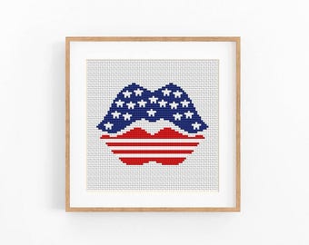 Patriotic lips USA, Mini Cross Stitch Pattern. Counted cross stitch chart USA flag. Independence Day 4th July xstitch. Instant download PDF
