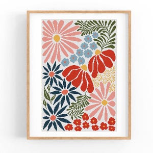 May include: Cross stitch pattern featuring a colorful floral design with pink, red, blue, and green flowers on a white background.