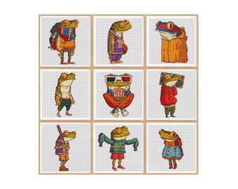 9 Frog Cross Stitch Patterns Bundle, Cute Frogs Set, Easy Animal Embroidery, Art Designs, Instant PDF Download