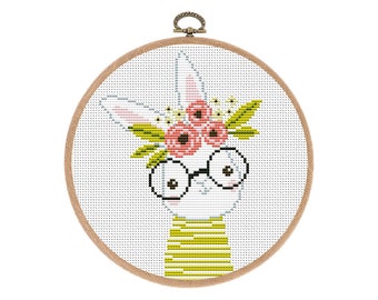 Padrão de ponto cruz, flores de coelhinha fofa, animal fofo, ponto cruz pequeno contado, decoração de berçário boho, bebê, download instantâneo em PDF