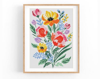 Padrão de ponto cruz moderno abstrato floral, flores, plantas, padrão de ponto x fácil, gráfico de ponto cruz, padrão da natureza, download instantâneo em PDF
