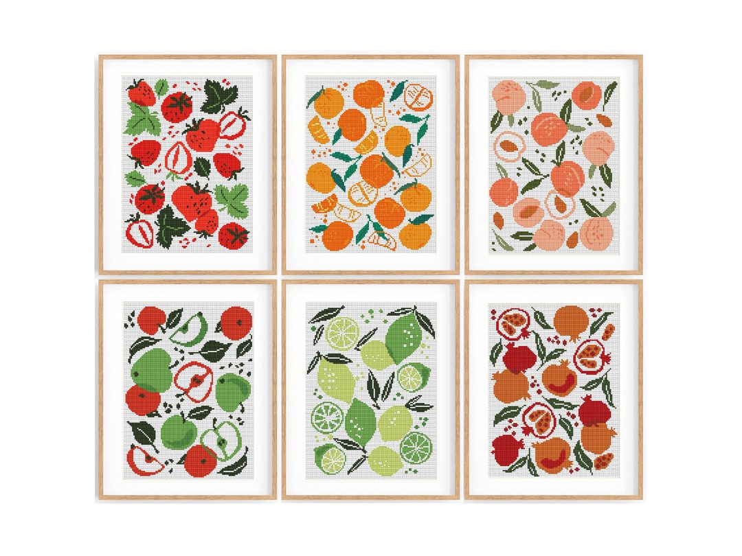 Set of 6 Modern Abstract Fruit Cross Stitch Patterns, Modern Cross