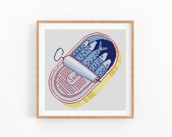Sardines Can Cross Stitch Pattern, Sardine Food Art, Fish Can Cross Stitch Pattern, Modern Cross Stitch Design, Instant Download PDF