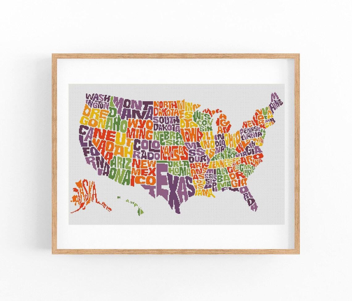 クロスステッチ刺繍完成品　　アメリカ合衆国地図 Cross stitch us map - Etsy 日本