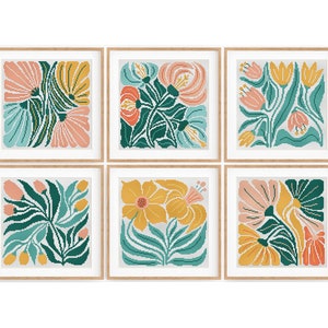 Set van 6 moderne bloemen kruissteekpatronen, abstracte natuur kruissteek, plant, eenvoudig te tellen kruissteekkaart. Pdf direct downloaden