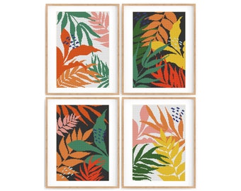 May include: Set of four framed prints featuring abstract tropical leaf designs in shades of green, orange, yellow, and red.