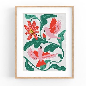 Cross Stitch Pattern Modern Floral Abstract, Modern flowers, Easy x-stitch Pattern, Cross Stitch Chart, Bird Pattern, Instant Download PDF